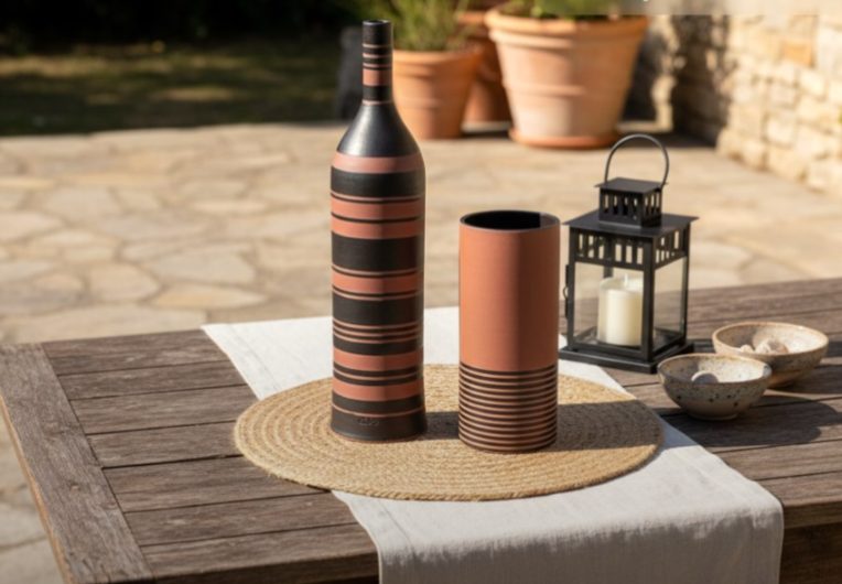 Vaso garrafa e vaso cilindro em terracota e preto