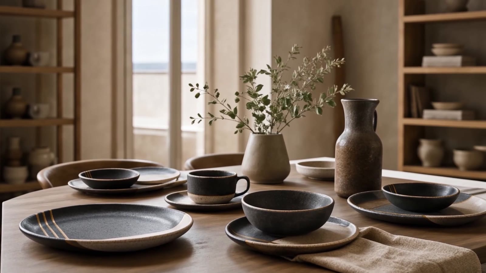 Mesa posta com pratos, tigelas e xícaras T.CO em preto e cru
